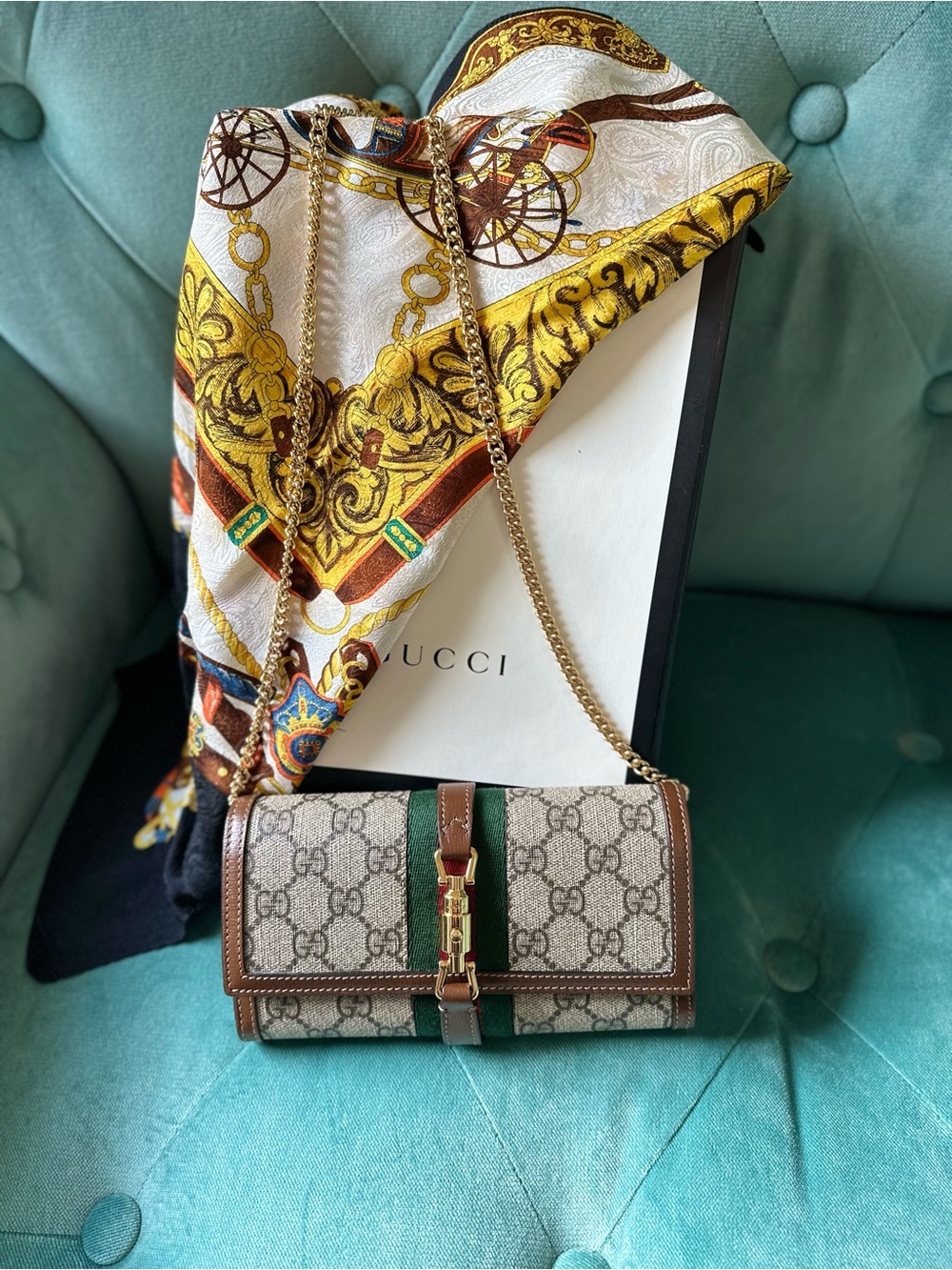 Gucci Beige GG Canvas Crossbody with Green Stripe and Brown Trim